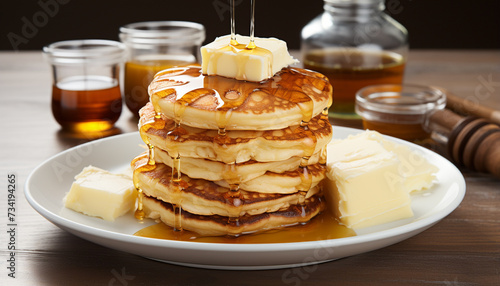 Stack of pancakes with honey, butter, and syrup pouring generated by AI
