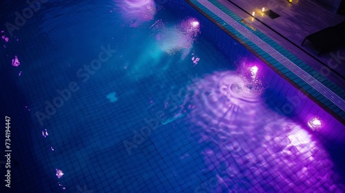 Aerial view of a swimming pool at night, with the water's surface shimmering under radiant lights