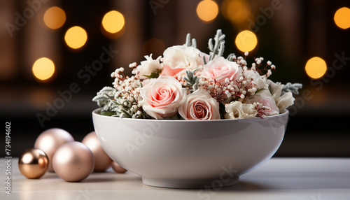 Romantic wedding table with fresh flower bouquet and gift generated by AI
