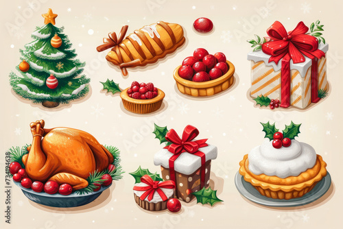 Christmas Cheer Essentials: Turkey, Pie Slice, Cranberry Sauce, Gifts, Evergreen Tree, Snowfall