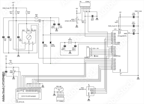 Schematic diagram of electronic device. Vector drawing electrical circuit with capacitor, diode, coil, resistor, lcd display, jumper, microcontroller, connector, other electronic components.