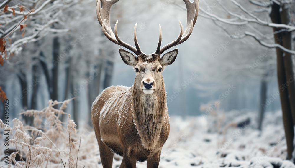 Cute deer in winter forest, looking at camera, snowy landscape generated by AI Cute deer in winter forest, looking at camera, snowy landscape generated by AI