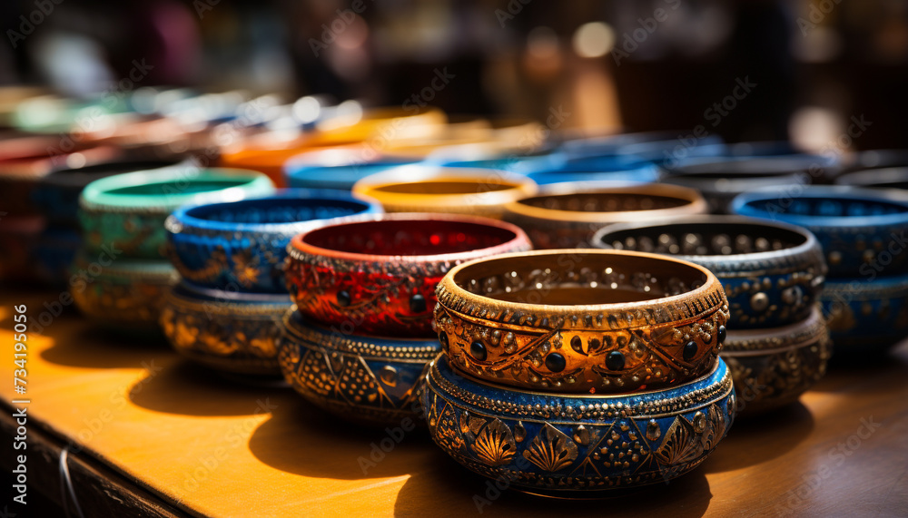 Fototapeta premium Multi colored earthenware bowl, ornate Indian pattern, souvenir from indigenous culture generated by AI