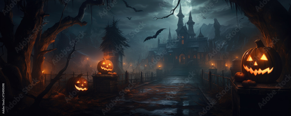 Halloween pumpkins in scary background landscape with moon, bats, ghosts. Wide illustration