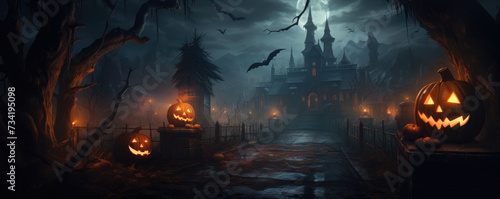 Halloween pumpkins in scary background landscape with moon, bats, ghosts. Wide illustration