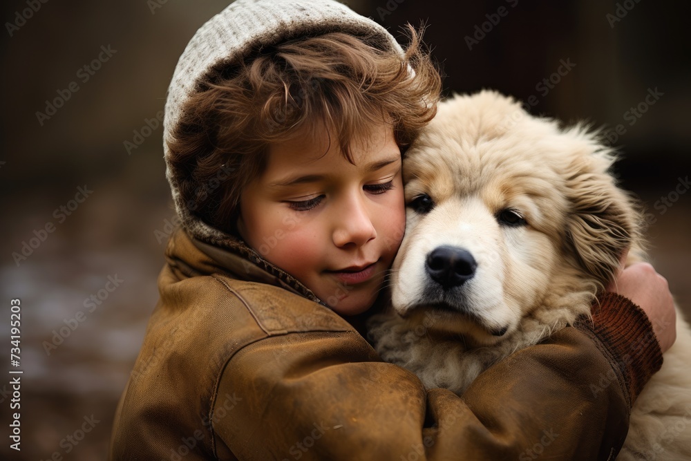 Photo of cute boy hugging a dog, Portrait of a young man and his dog outdoors, Ai generated