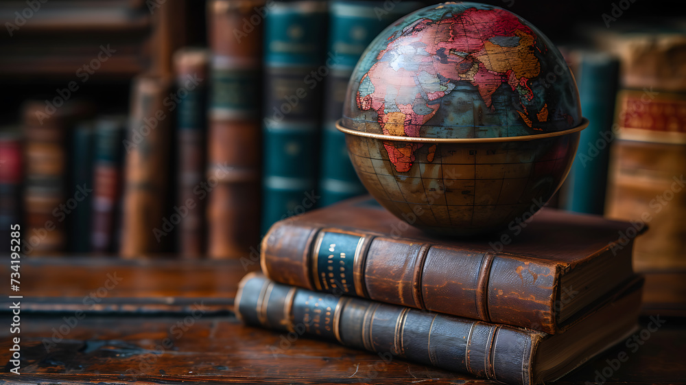 antique books with globe in library
