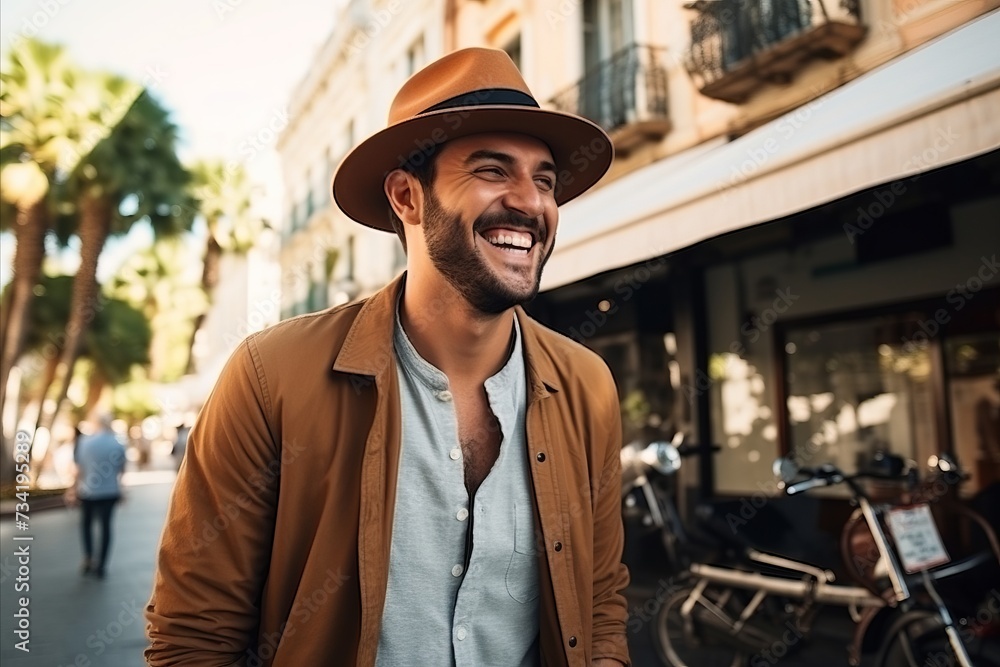 Portrait of a smiling young man in hat walking on the street Portrait of a smiling young man in hat walking on the street