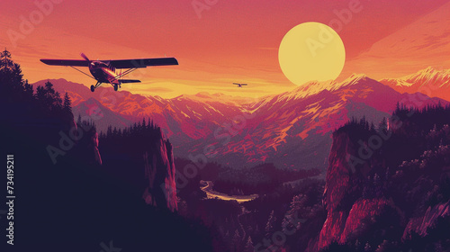 A hackers quest atop mountains guiding planes through pointillist gradients