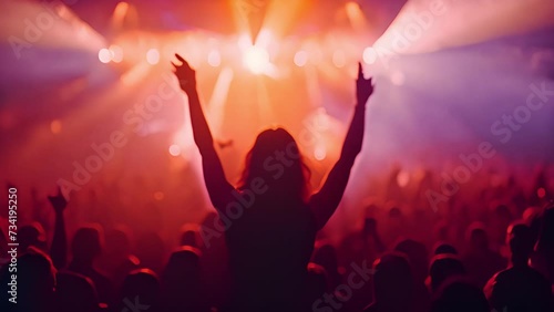 Rear back view of audience crowd people fans raising hands enjoying live music festival concert event rock band silhouettes performance sing on night club outdoor stage. 4k video blurred effect with c photo