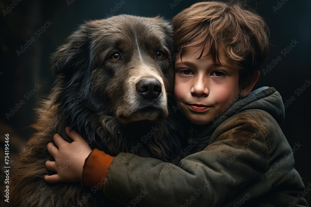 Photo of cute boy hugging a dog, Cute child cuddling with puppy dog, Ai generated Photo of cute boy hugging a dog, Cute child cuddling with puppy dog, Ai generated
