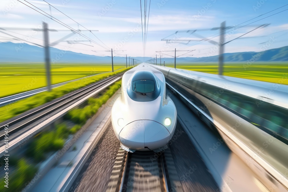 High angle view of hyper speed moving bullet train