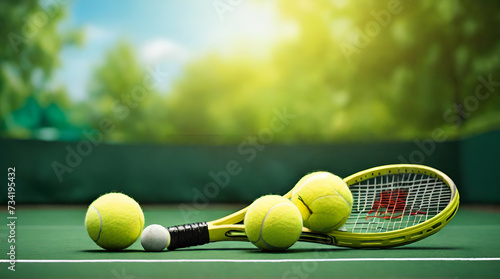 Tennis. Spring sport composition with yellow tennis ball and racket on a green background of tennis court with copy space. Sport and healthy lifestyle. The concept of outdoor game sports.Generative A