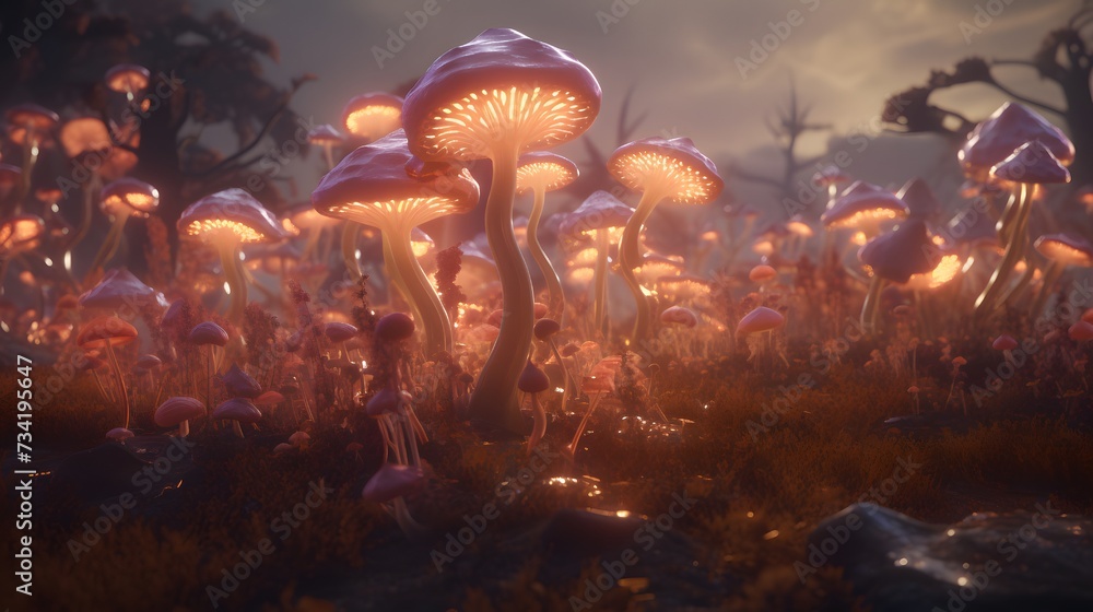 A field of oversized, luminescent mushrooms casting a soft glow on a congregation of ethereal beings playing musical instruments in a harmonious symphony - obrazy, fototapety, plakaty 