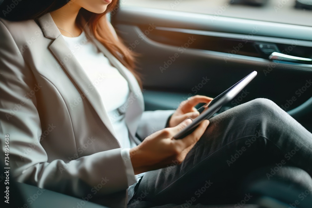 unrecognizeable business woman using tablet while sitting in car unrecognizeable business woman using tablet while sitting in car