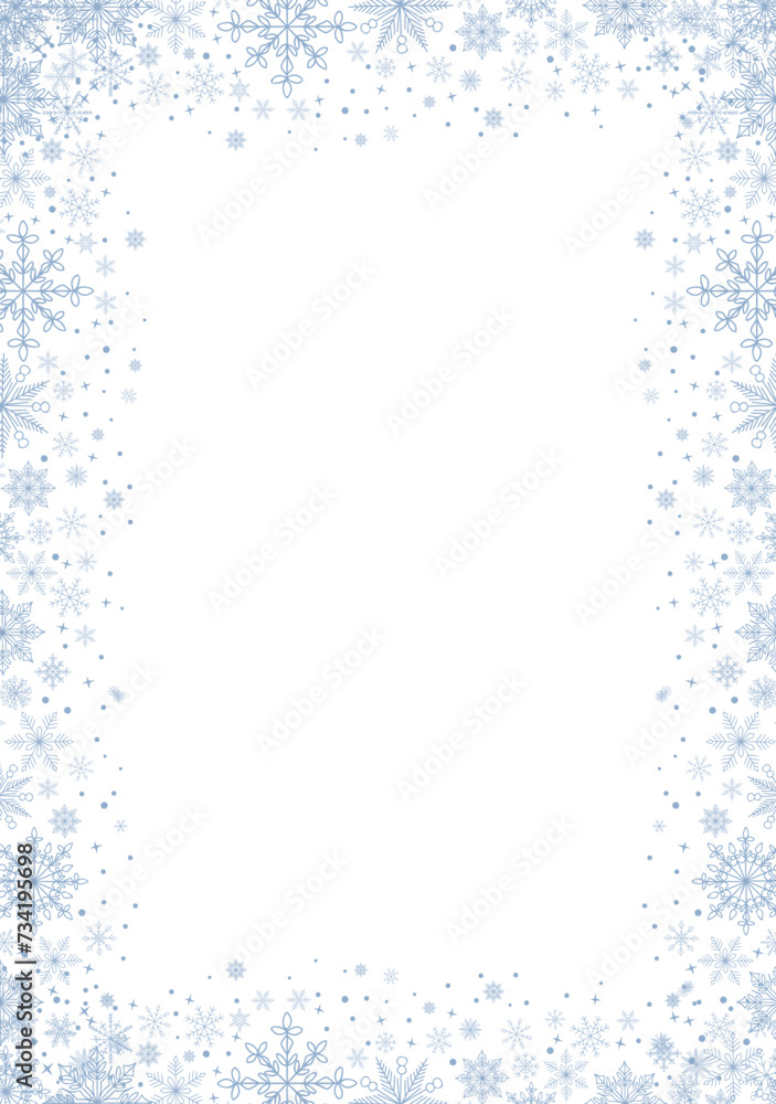 Abstract Christmas frame with blue and silver snowflakes border and copy space for text. Winter snow. Overlay, banner, cover. Hand drawn vector illustration isolated on white background.