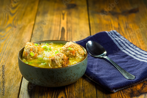 vegetable soup with rice and meatballs