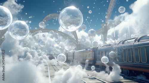 A fantastical train station suspended in the clouds, with trains made of floating bubbles arriving and departing, carrying passengers to dreamlike destinations