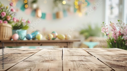 Empty wooden table with easter egg and blurred kitchen background. Abstract blurry Easter scene with bokeh. Concept banner for products display