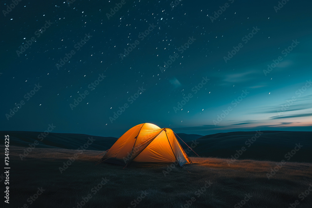 Starry Night Campsite: Illuminated Tent Amidst Nature's Majesty