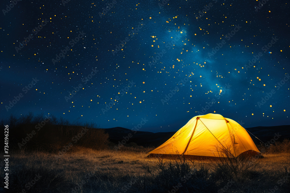 Nightfall Haven: Lit Tent in the Field with Stellar Views