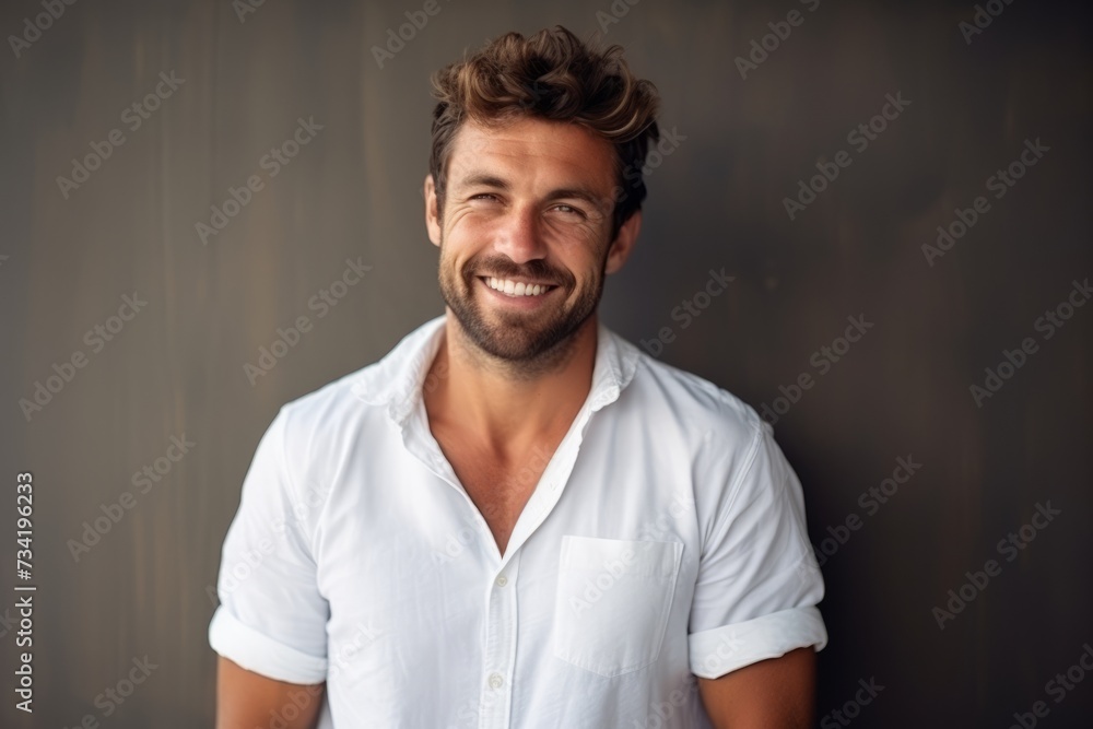Portrait of a handsome young man smiling and looking at the camera - obrazy, fototapety, plakaty 