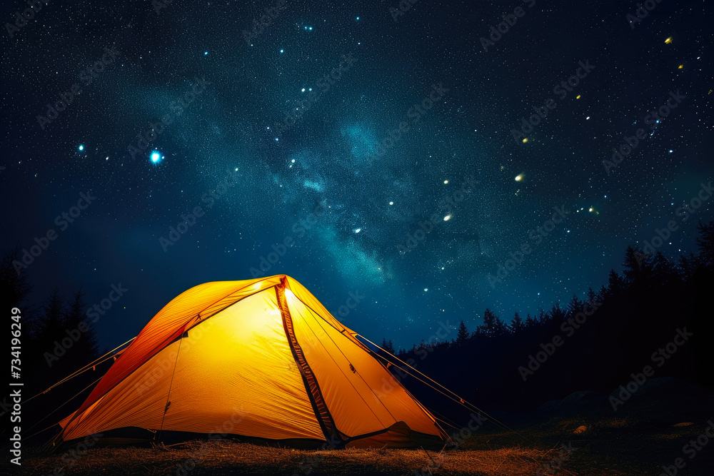 Illuminated Wilderness: Glowing Tent Beneath the Starlit Firmament