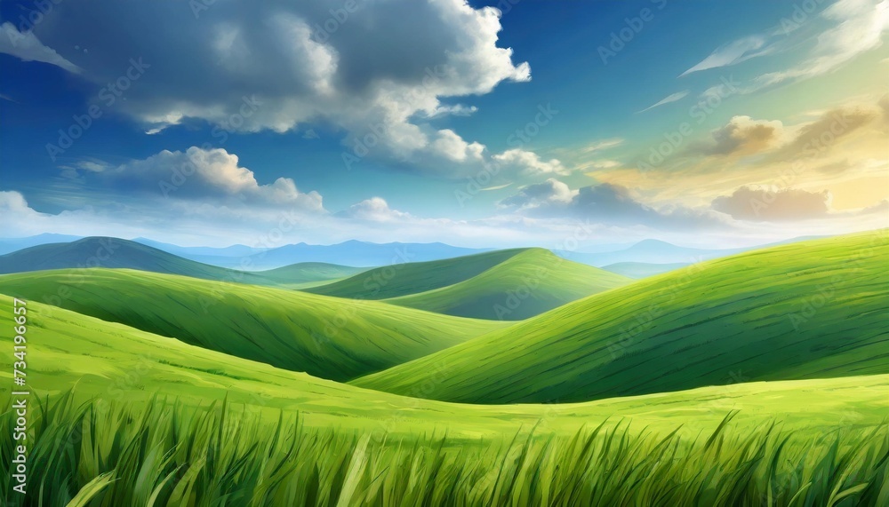 view of a cloudy sky and some grass illustration of green grass field on small hills and blue sky landscape with green field and sky wallpaper illustration
