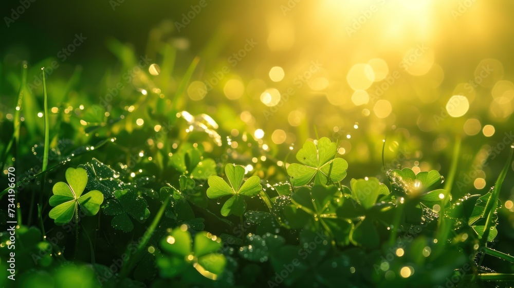  a close up of some green grass with water droplets on it and the sun shining through the grass behind the grass is a little bit of dew on the grass.