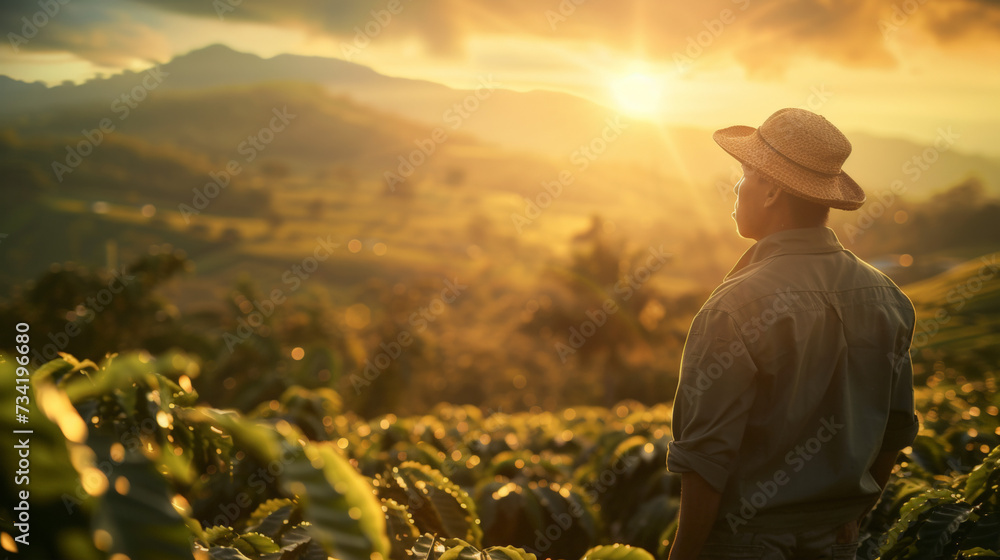 Fototapeta premium AI Generated Image: Farmer Working in Coffee Field at Sunrise