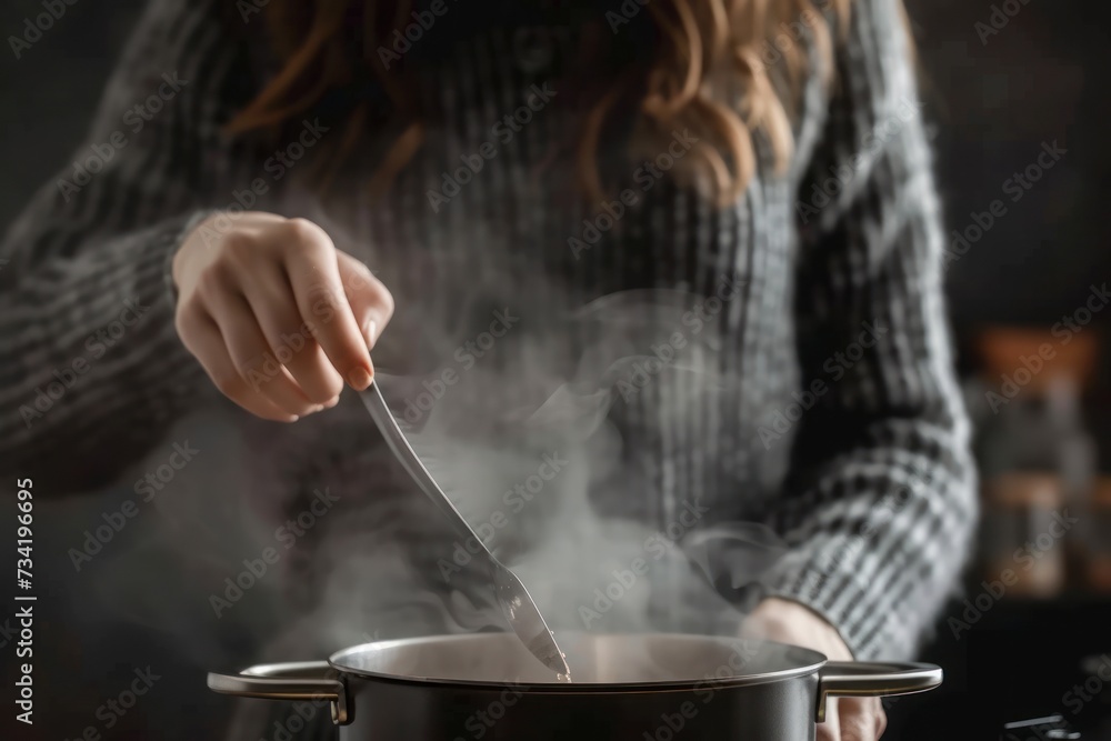 Unrecognizable woman stirs steaming soup in a pot Unrecognizable woman stirs steaming soup in a pot
