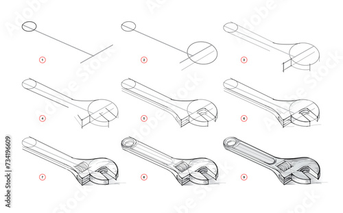 Page shows how to learn to draw from life sketch a wrench. Pencil drawing lessons. Educational page for artists. Developing artistic skills. Online education. Vector illustration. photo