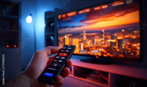 Man hand switches the TV channels with TV controler, smart TV backgroun
