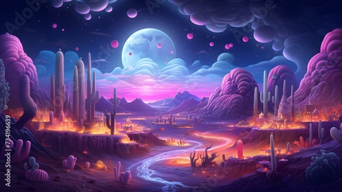 A surreal desert of luminescent sands dotted with glowing cacti, where giant, neon-hued serpents slither through the dreamy landscape under a shimmering moon