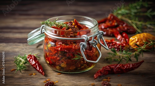 Sun dried tomatoes with fresh herbs and spices photo