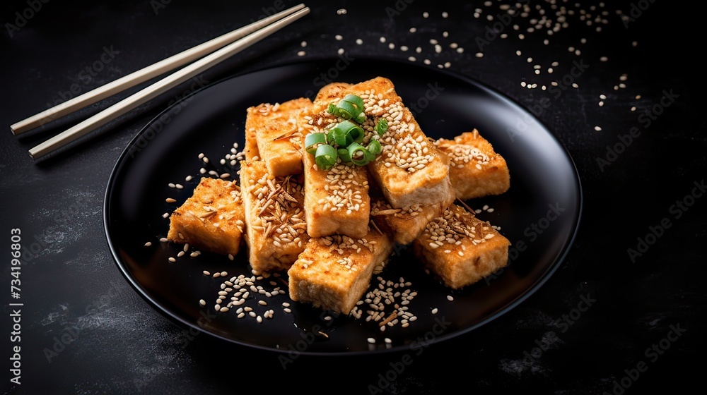 Fried tofu with sesame seeds and spices on black background Fried tofu with sesame seeds and spices on black background