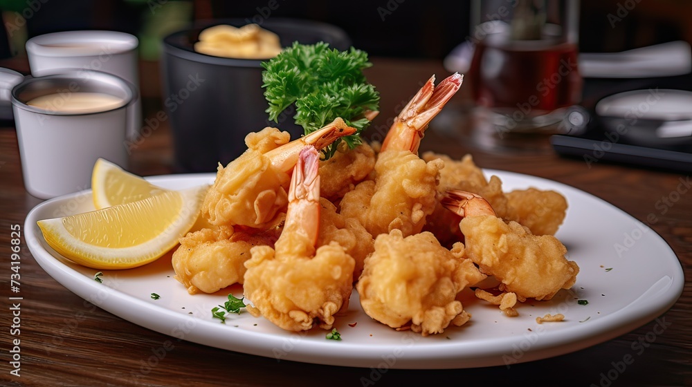 Fried shrimp with lemon on a plate restaurant table Fried shrimp with lemon on a plate restaurant table