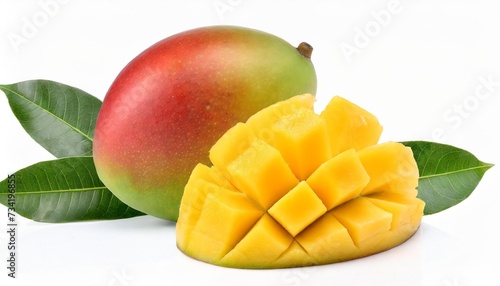 whole and slice ripe mango fruit with green leaves isolated on white background