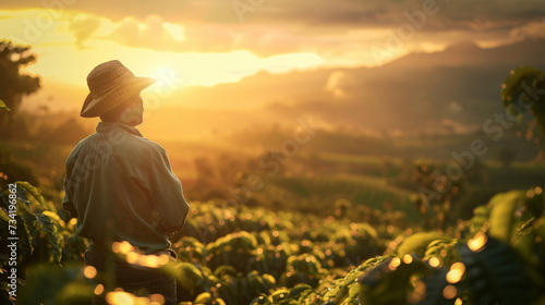 AI Generated Image  Farmer Working in Coffee Field at Sunrise
