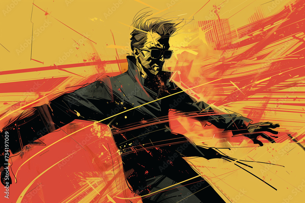 Dynamic Action Hero in Sunglasses with Abstract Yellow and Red ...