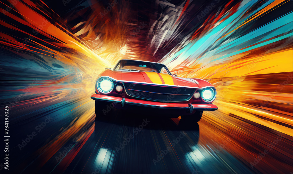 Naklejka premium Poster illustration od Vintage beautiful car in movement with amazing background