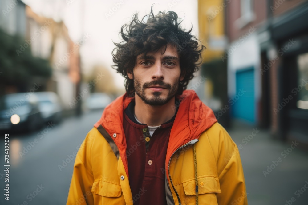 young handsome hipster man with curly hair in yellow raincoat on city street young handsome hipster man with curly hair in yellow raincoat on city street