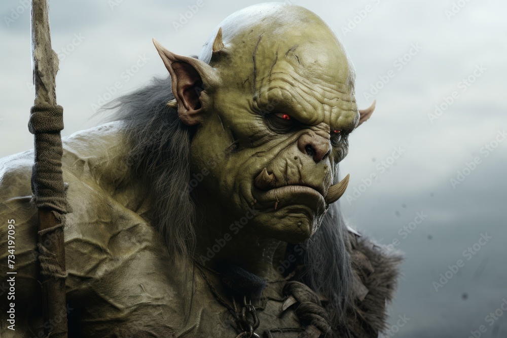 Brawny Green orc character. Skin scary ogre. Generate Ai