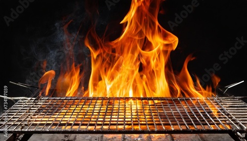barbecue grill with fire flames empty fire grid on black background