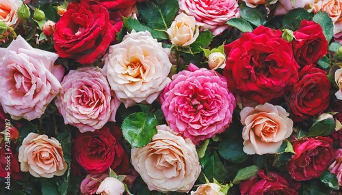 natural red and pink roses wall background