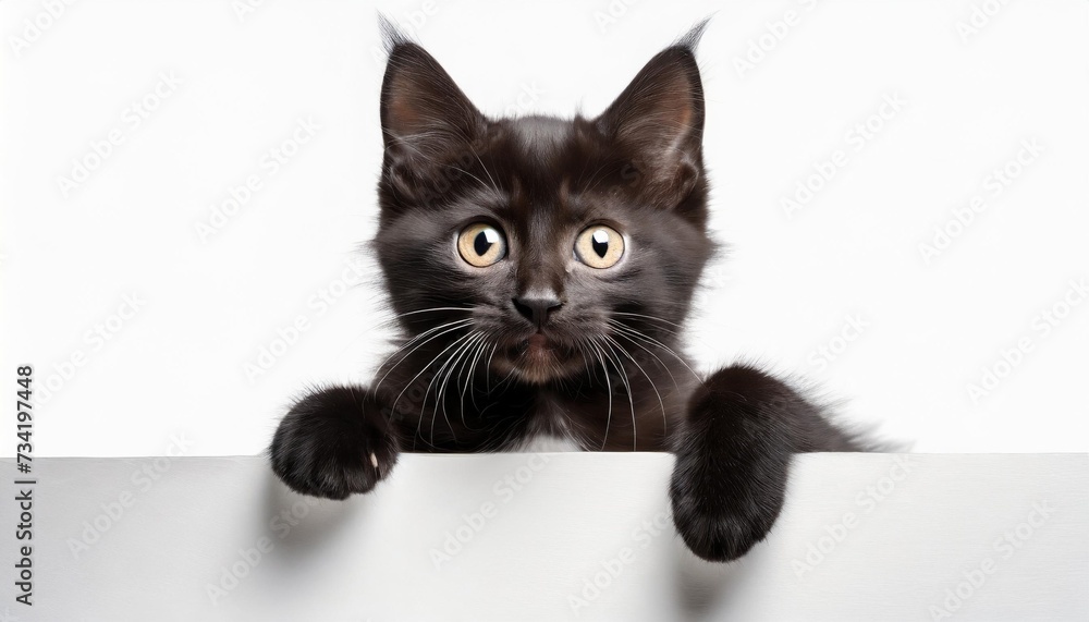 black cat above white banner cute kitten with empty blank board funny pet showing placard with space for text isolated on white background