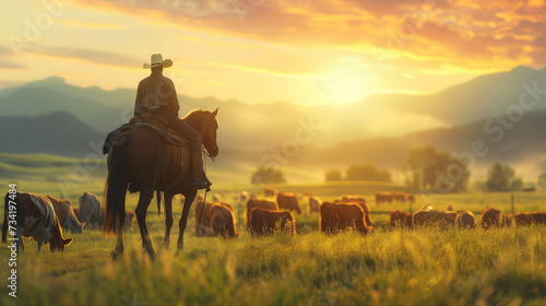 AI Generated Image: Rancher Working in Field on Horseback Herding Cattle at Sunrise