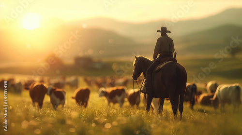 AI Generated Image: Rancher Working in Field on Horseback Herding Cattle at Sunrise