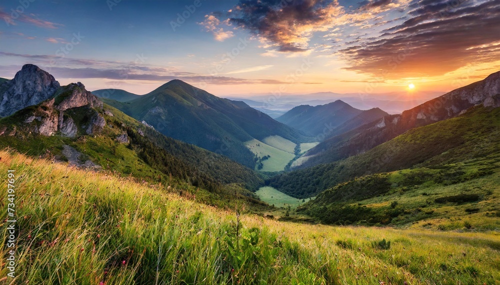 mountain valley during sunrise natural summer landscape in slovakia