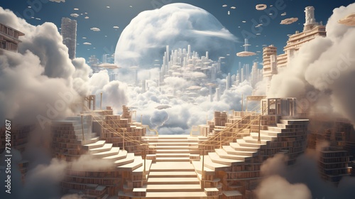 A surreal library in the clouds  with books made of floating orbs and staircases that twist and turn through the endless sky  leading to unknown realms